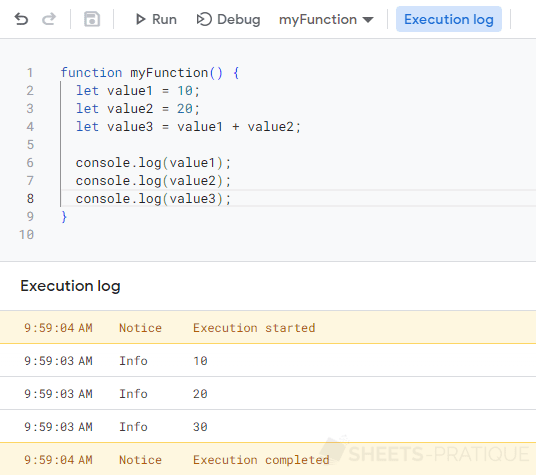 apps script console log execution variables