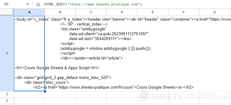 google sheets function html body website