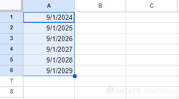 google sheets copy date 1 year autofill