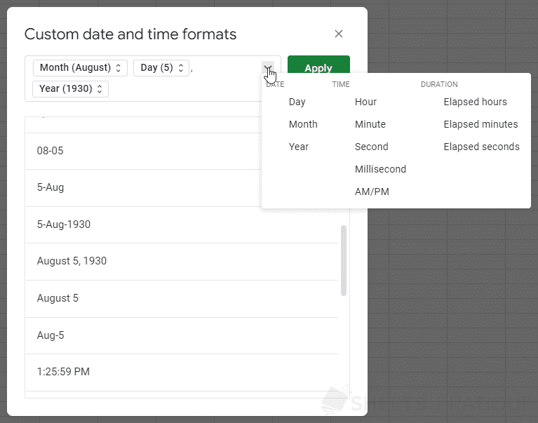 google sheets format dates times custom date