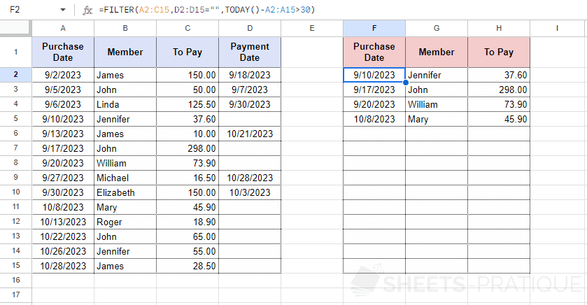 google sheets function filter table extended
