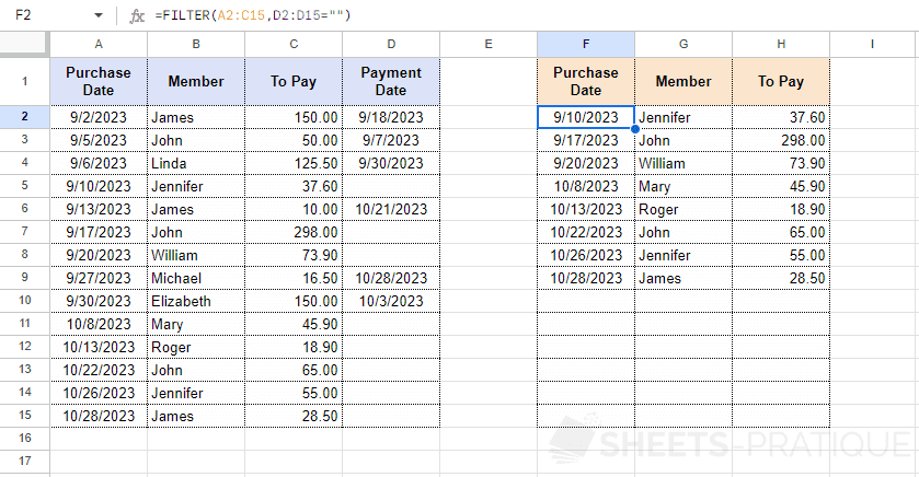 google sheets function filter table