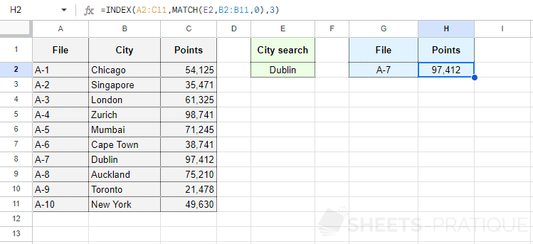 google sheets search index match