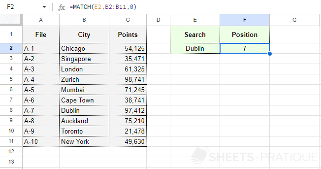 google sheets match function position