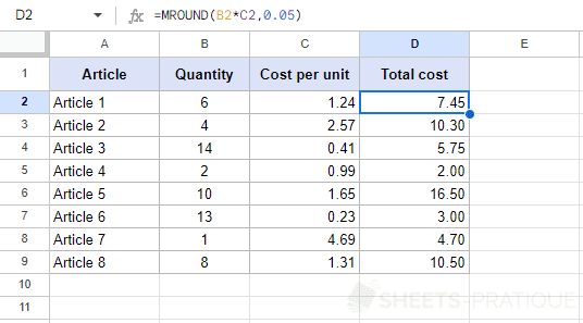 google sheets function mround total