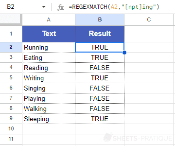 google sheets function regexmatch character class