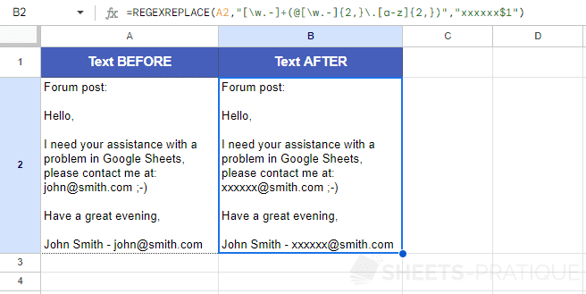 google sheets function regexreplace mask email