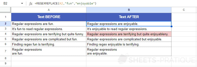 google sheets function regexreplace word