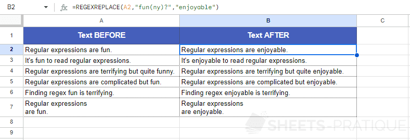 google sheets function regexreplace words