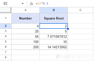 google sheets exponent square root sqrt