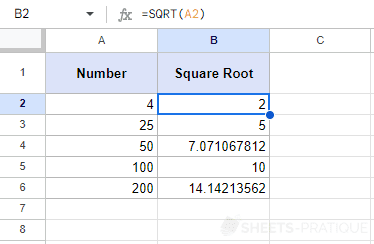 google sheets function square root sqrt