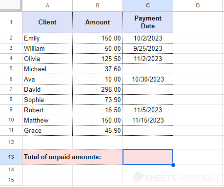 google sheets total unpaid sumif