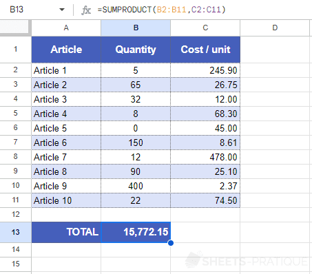 google sheets function sumproduct sum total