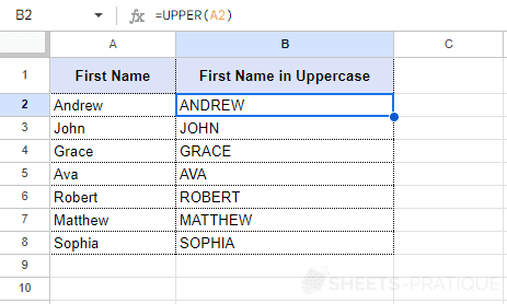 google sheets upper function copied