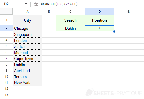 google sheets xmatch function position