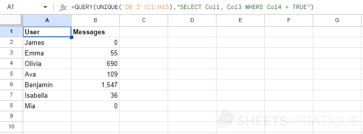google sheets function query unique col col1 col2 complements