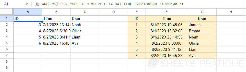 google sheets query function datetime date hour time