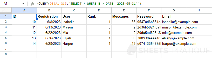 google sheets query function select date time
