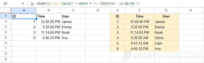 google sheets query function timeofday hour date time