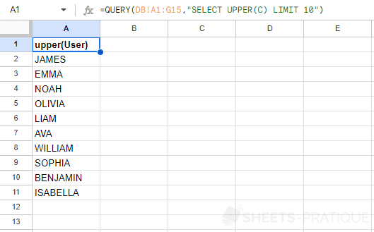 google sheets function query select upper uppercase scalar functions