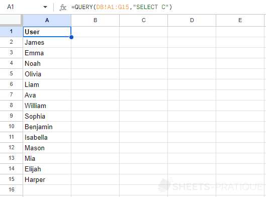 google sheets function query select 1 column