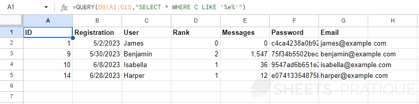 google sheets query function where like