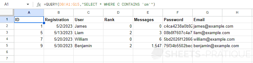 google sheets query where contains like