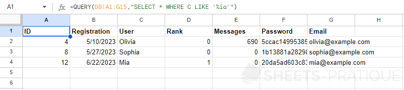 google sheets query where like ends with