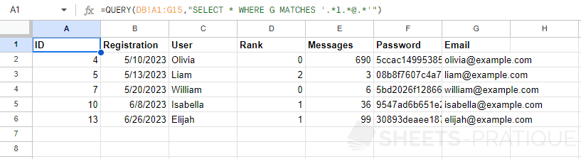 google sheets query where matches regex like