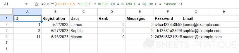 google sheets function query select where and or