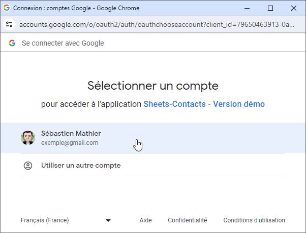 google sheets autoriser scripts compte demo contacts