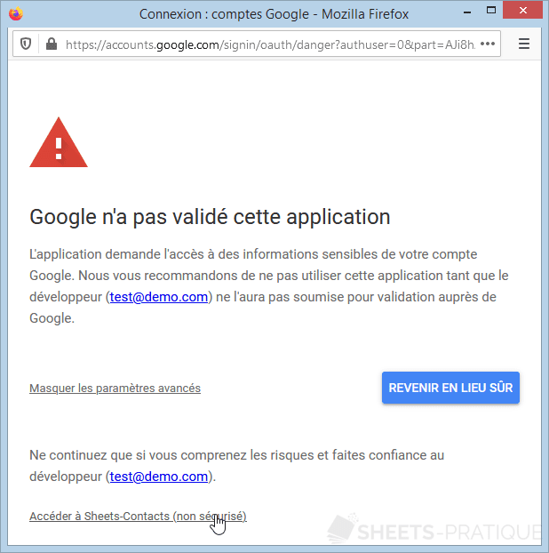 google sheets acceder application avertissement png autorisation
