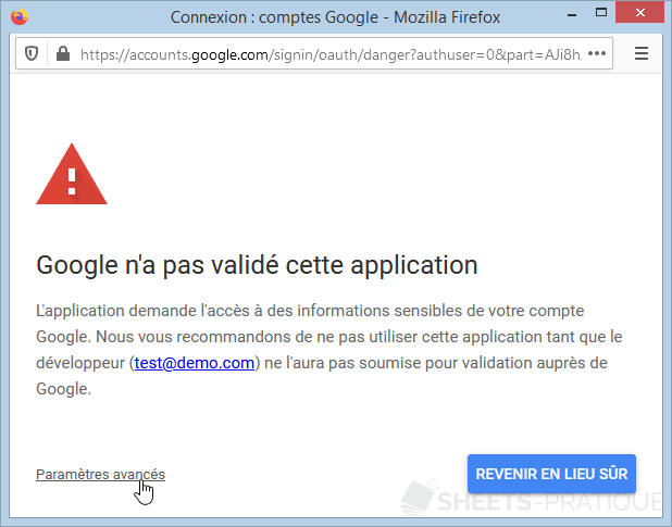 google sheets valide application avertissement autorisation