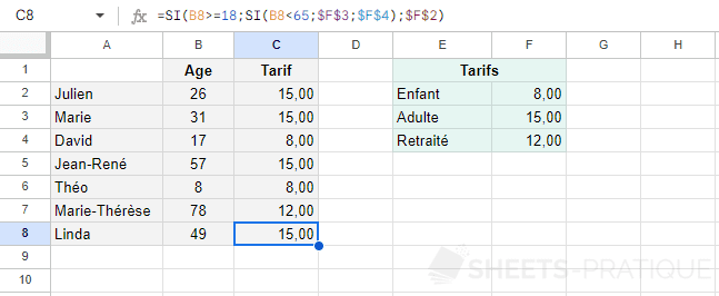 google sheets fonction si imbrication imbriquee