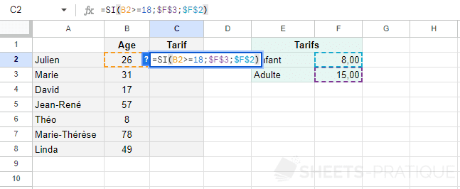 google sheets fonction si tarif imbriquee