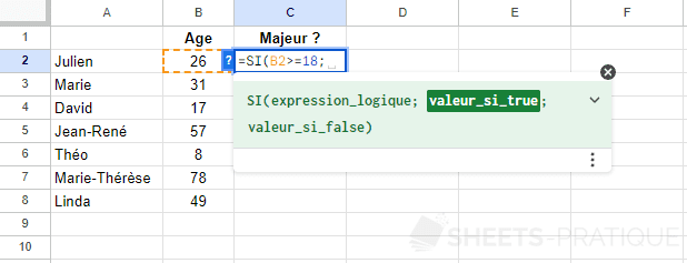 google sheets fonction si condition