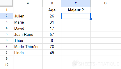 google sheets test age fonction si