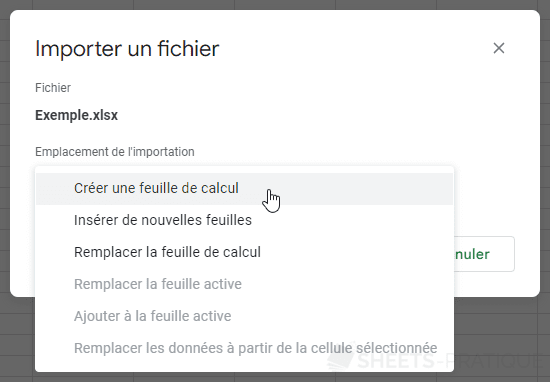 google sheets importation fichier importer exercice