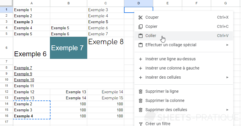 google sheets coller cellules manipulations 4