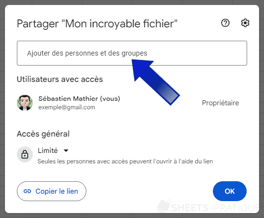 google sheets partager email partage