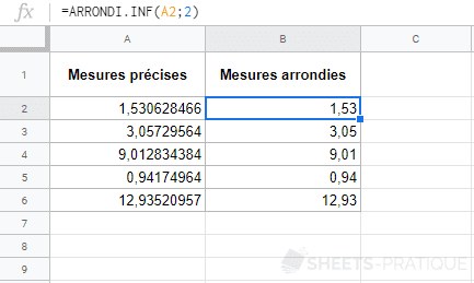google sheets fonction arrondi inf 2 decimales