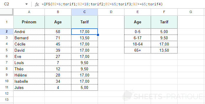 google sheets fonction ifs conditions