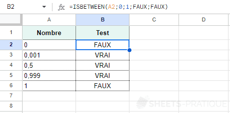 google sheets fonction isbetween exclusions