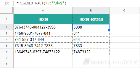 google sheets fonction regexextract numeros fin