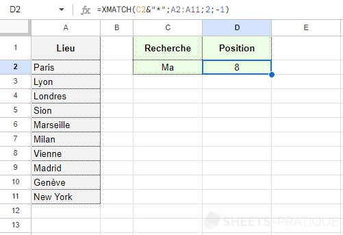 google sheets fonction xmatch caractere generique