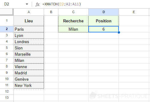 google sheets fonction xmatch position