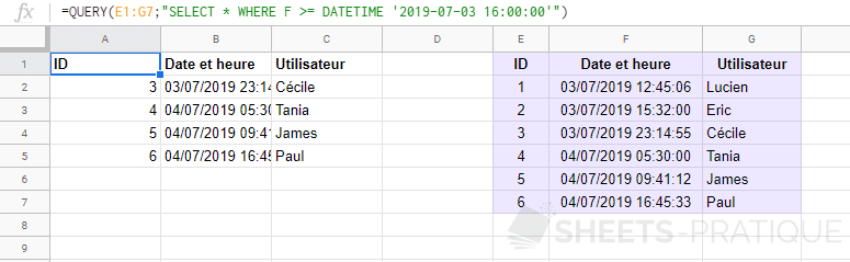 google sheets fonction query datetime date heure