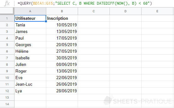 google sheets fonction query date datediff fonctions scalaires
