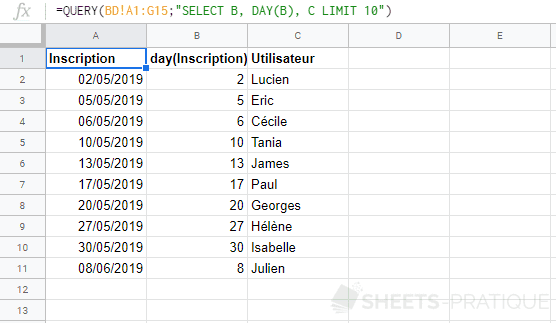 google sheets fonction query date day fonctions scalaires