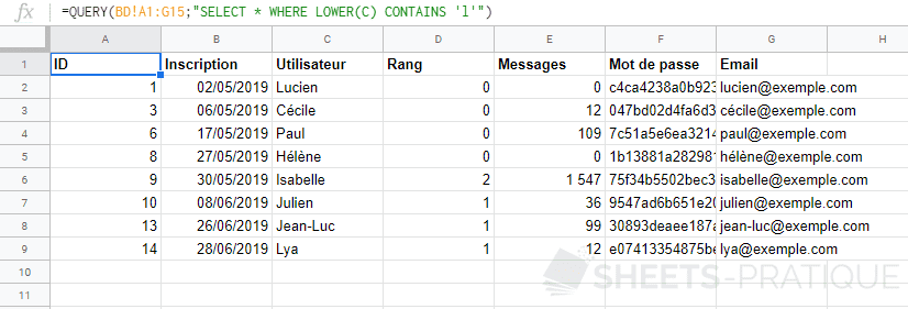 google sheets fonction query select lower minuscule fonctions scalaires